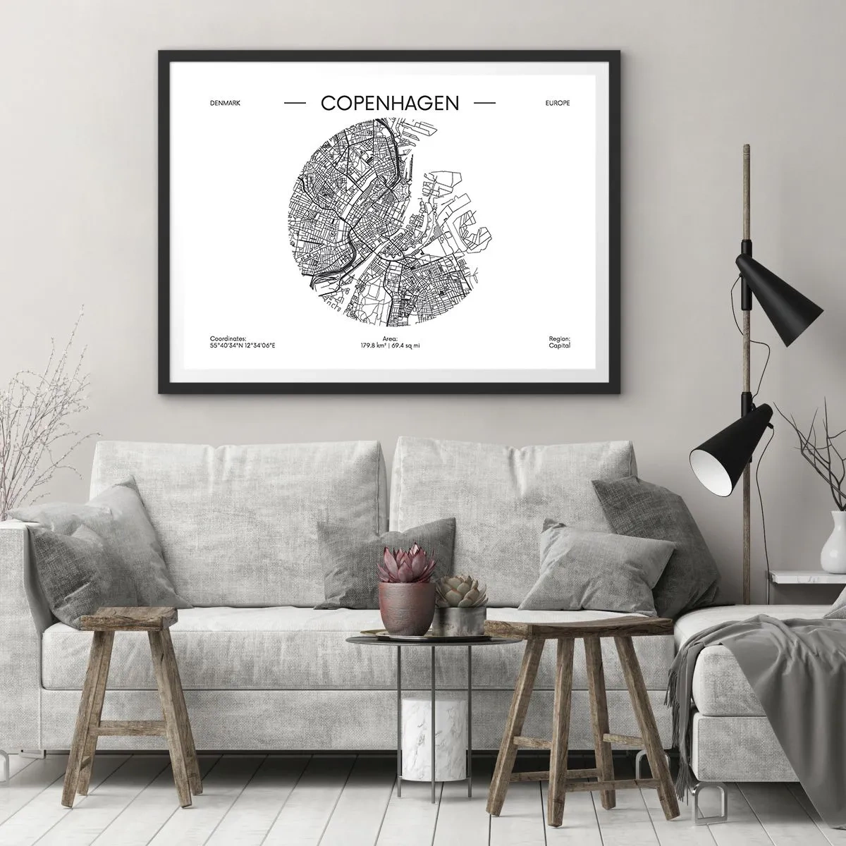 Plakat w czarnej ramie - Mapa Kopenhagi w minimalistycznym, czarno-białym stylu - 70x50cm - Anatomia Kopenhagi - Nowoczesna dekoracja ścienna do salonu i sypialni ARTTOR