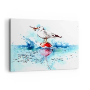 Obraz na płótnie - Mewa na boi z rybami w tle w akwarelowym stylu - 120x80cm - Udany połów - Nowoczesna dekoracja ścienna do salonu, kuchni i sypialni ARTTOR