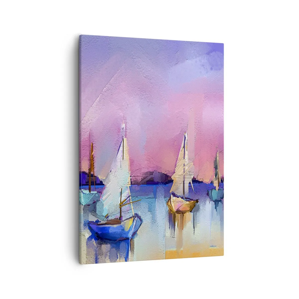 Obraz na płótnie - Żaglówki na spokojnej wodzie z pastelowym niebem w tle - 50x70cm - Kierunek: szerokie wody - Nowoczesna dekoracja ścienna do salonu, kuchni i sypialni ARTTOR