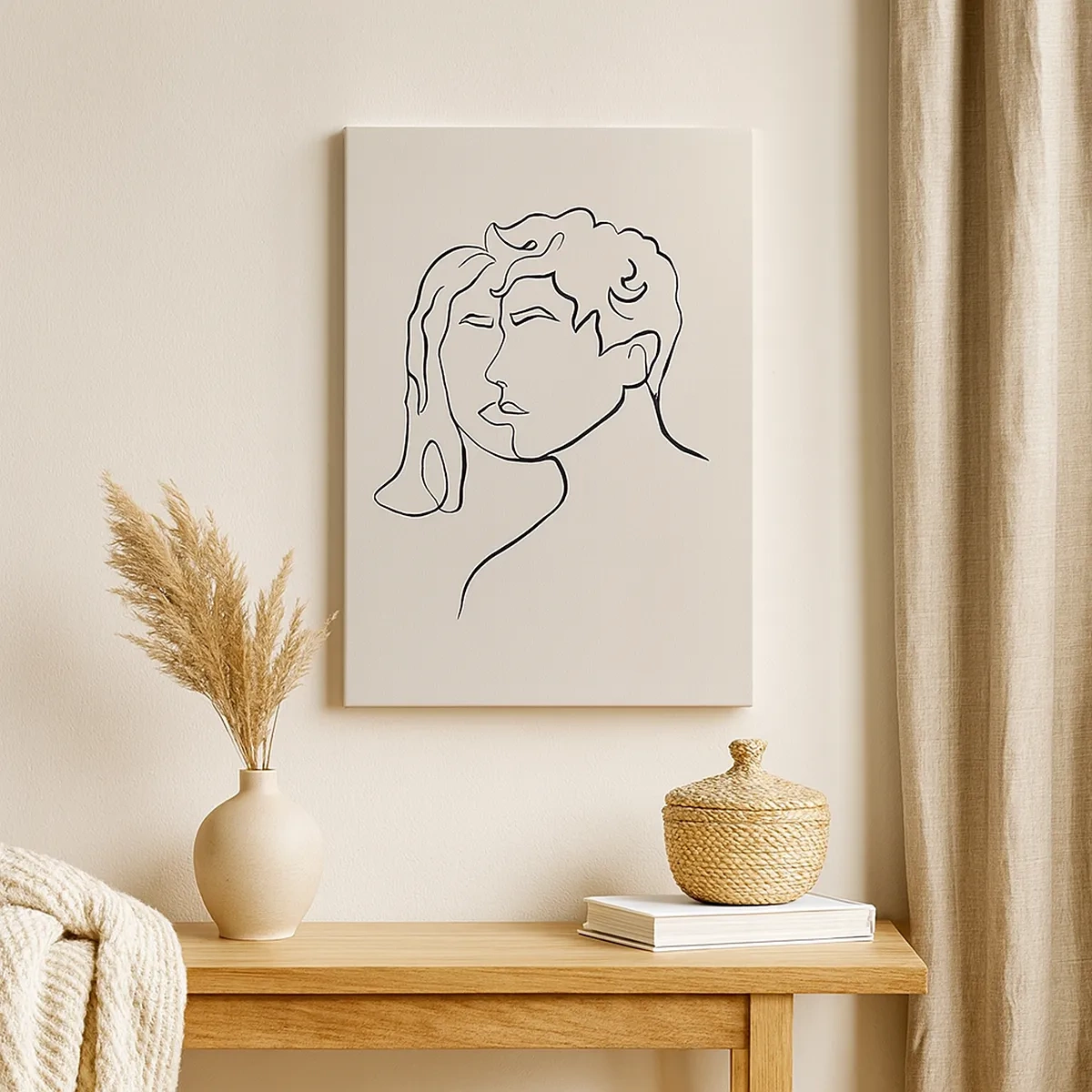 Obraz na płótnie - Minimalistyczna ilustracja twarzy kobiety i mężczyzny w czerni na jasnym tle - 50x70cm - I stała się jedność - Nowoczesna dekoracja ścienna do salonu, kuchni i sypialni ARTTOR