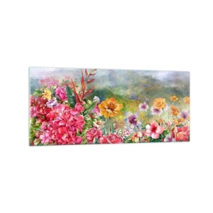 Obraz na szkle - Barwna kompozycja kwiatów na tle pejzażu w pastelowych kolorach - 120x50cm - Ogród, który oszalał - Nowoczesna dekoracja ścienna do salonu i sypialni ARTTOR