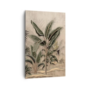 Obraz na płótnie - Palmy i tropikalna roślinność w odcieniach zieleni na beżowym tle - 80x120cm - Rycina w kolonialnym stylu - Nowoczesna dekoracja ścienna do salonu i sypialni ARTTOR