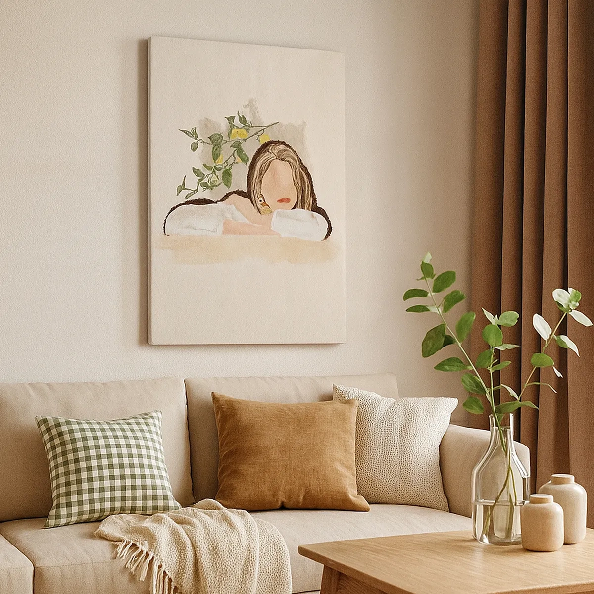 Obraz na płótnie - Minimalistyczny portret kobiety z cytrynowym drzewkiem w tle - 50x70cm - Piękność południa - Nowoczesna dekoracja ścienna do salonu, kuchni i sypialni ARTTOR