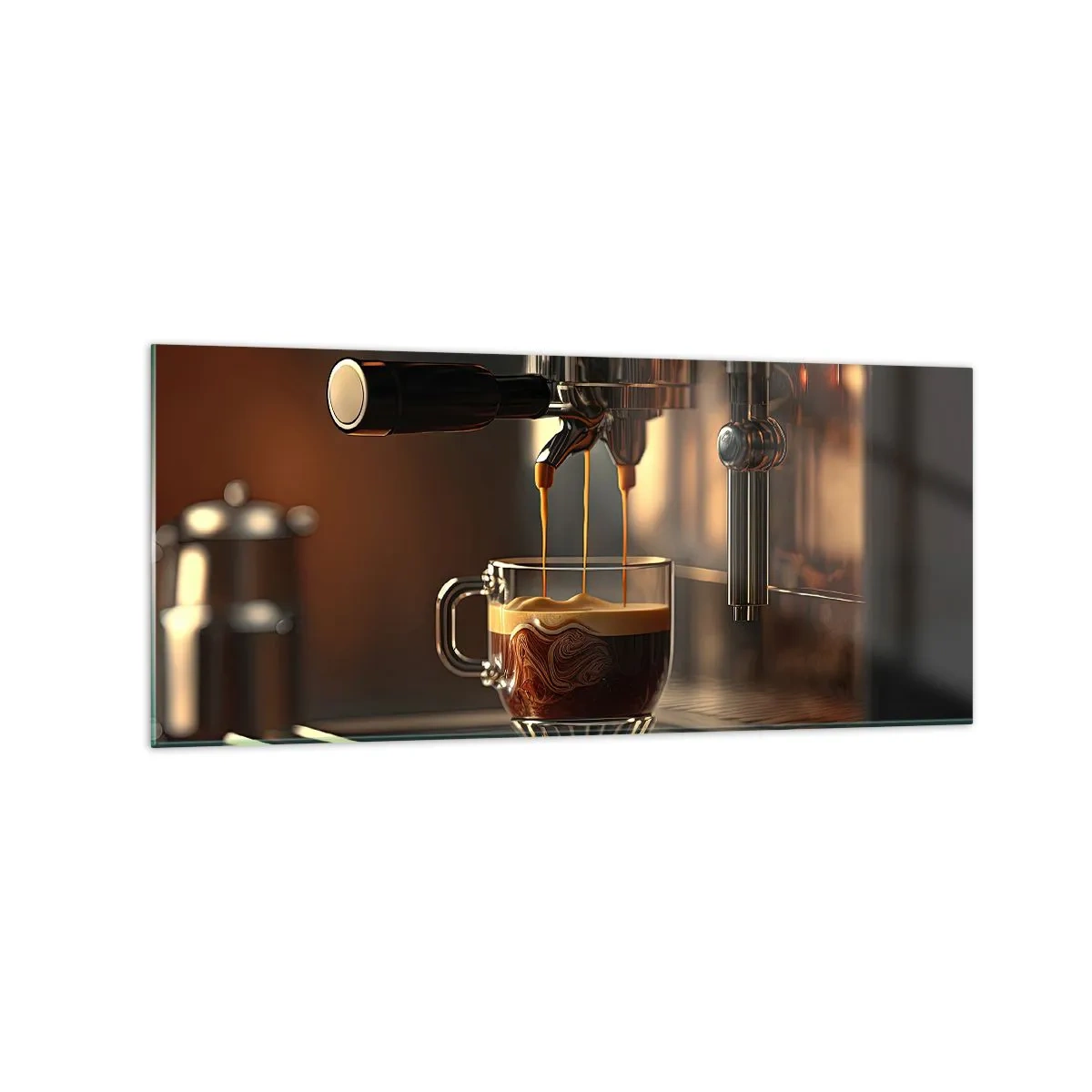 Obraz na szkle - Ekspres do kawy z filiżanką aromatycznego espresso - 120x50cm - Zmysłowa mikstura - Nowoczesna dekoracja ścienna do salonu i sypialni ARTTOR