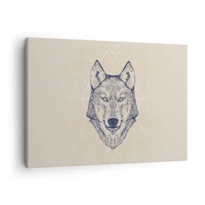Obraz na płótnie - Geometryczny wilk na jasnym tle z minimalistycznymi wzorami - 70x50cm - Alfa o przenikliwym spojrzeniu - Nowoczesna dekoracja ścienna do salonu i sypialni ARTTOR