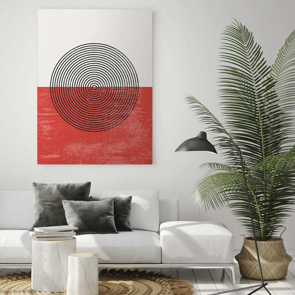 Obraz na szkle - Geometryczny wzór z kołem na tle czerwieni i bieli - 50x70cm - W samo sedno - Nowoczesna dekoracja ścienna do salonu, kuchni i sypialni ARTTOR