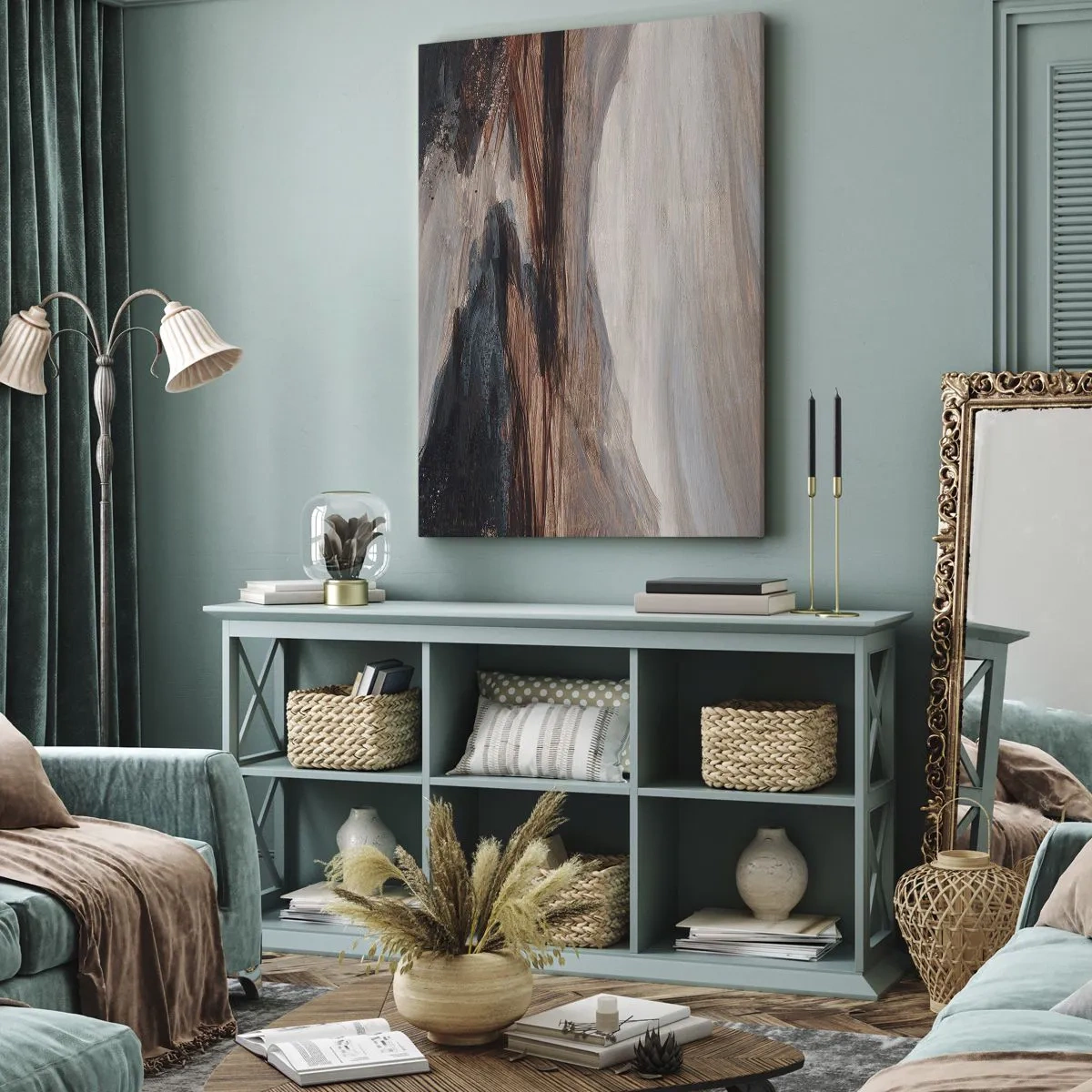 Obraz na płótnie - Abstrakcyjna kompozycja w odcieniach brązu, beżu i czerni z dynamicznymi pociągnięciami pędzla - 50x70cm - Spokojna dolina - Nowoczesna dekoracja ścienna do salonu, kuchni i sypialni ARTTOR
