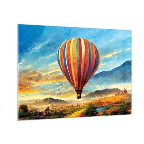 Obraz na szkle - Kolorowy balon unoszący się nad górskim krajobrazem - 70x50cm - W ciszy widać więcej - Nowoczesna dekoracja ścienna do salonu i sypialni ARTTOR