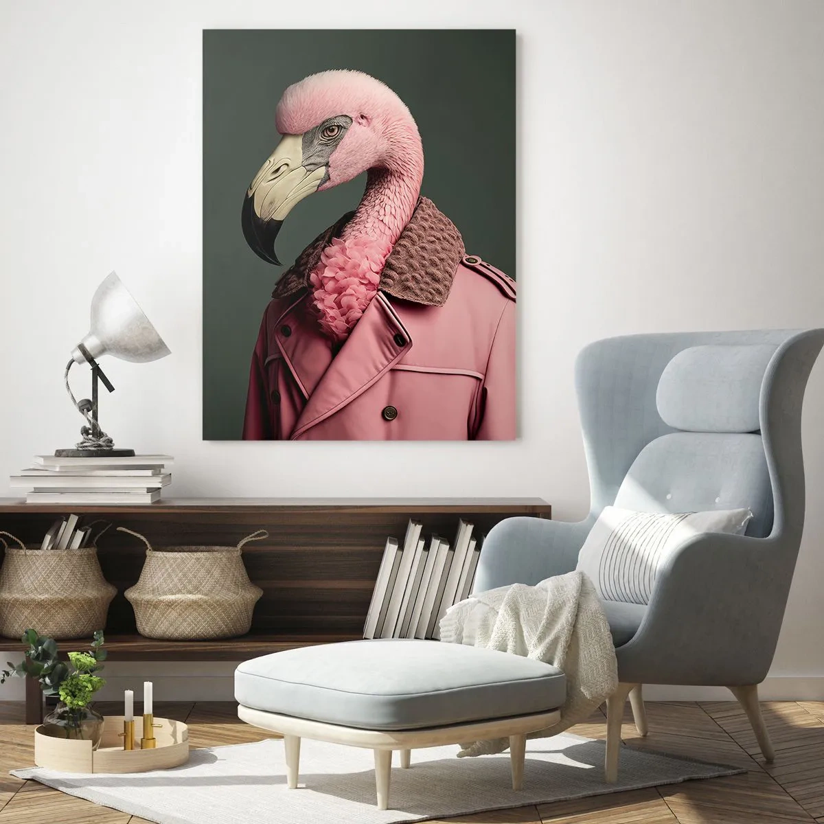 Obraz na szkle - Stylizowany flaming w różowym płaszczu na zielonym tle - 70x100cm - Prawdziwy elegant - Nowoczesna dekoracja ścienna do salonu i sypialni ARTTOR