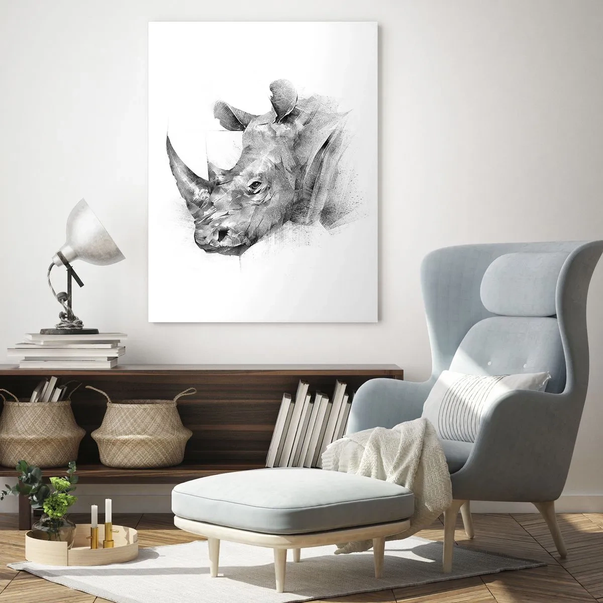 Obraz na szkle - Czarno-biały portret nosorożca w artystycznym ujęciu - 50x70cm - Afrykański portret - Nowoczesna dekoracja ścienna do salonu, kuchni i sypialni ARTTOR