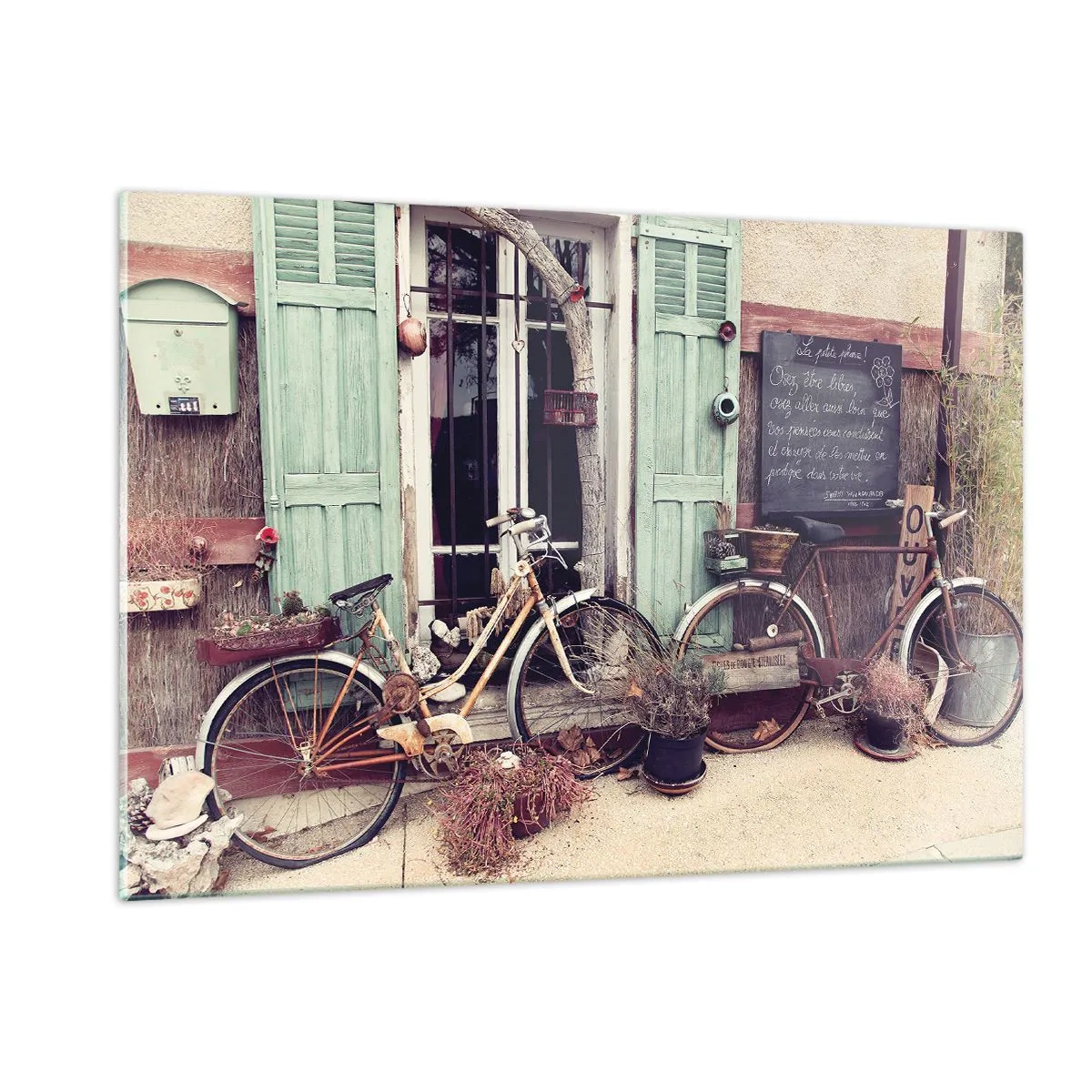 Obraz na szkle - Prowincjonalna sceneria z rowerami - 120x80cm - Niech żyje prowincja - Nowoczesna dekoracja ścienna do salonu, kuchni i sypialni ARTTOR