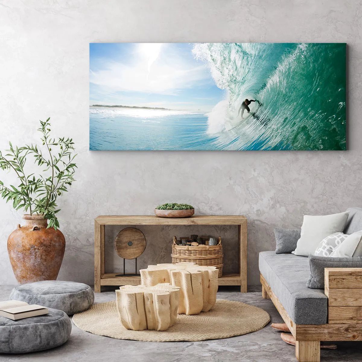 Obraz na płótnie - Surfer na fali w świetle słońca na tle błękitnego nieba - 140x50cm - Zawsze na fali - Nowoczesna dekoracja ścienna do salonu i sypialni ARTTOR
