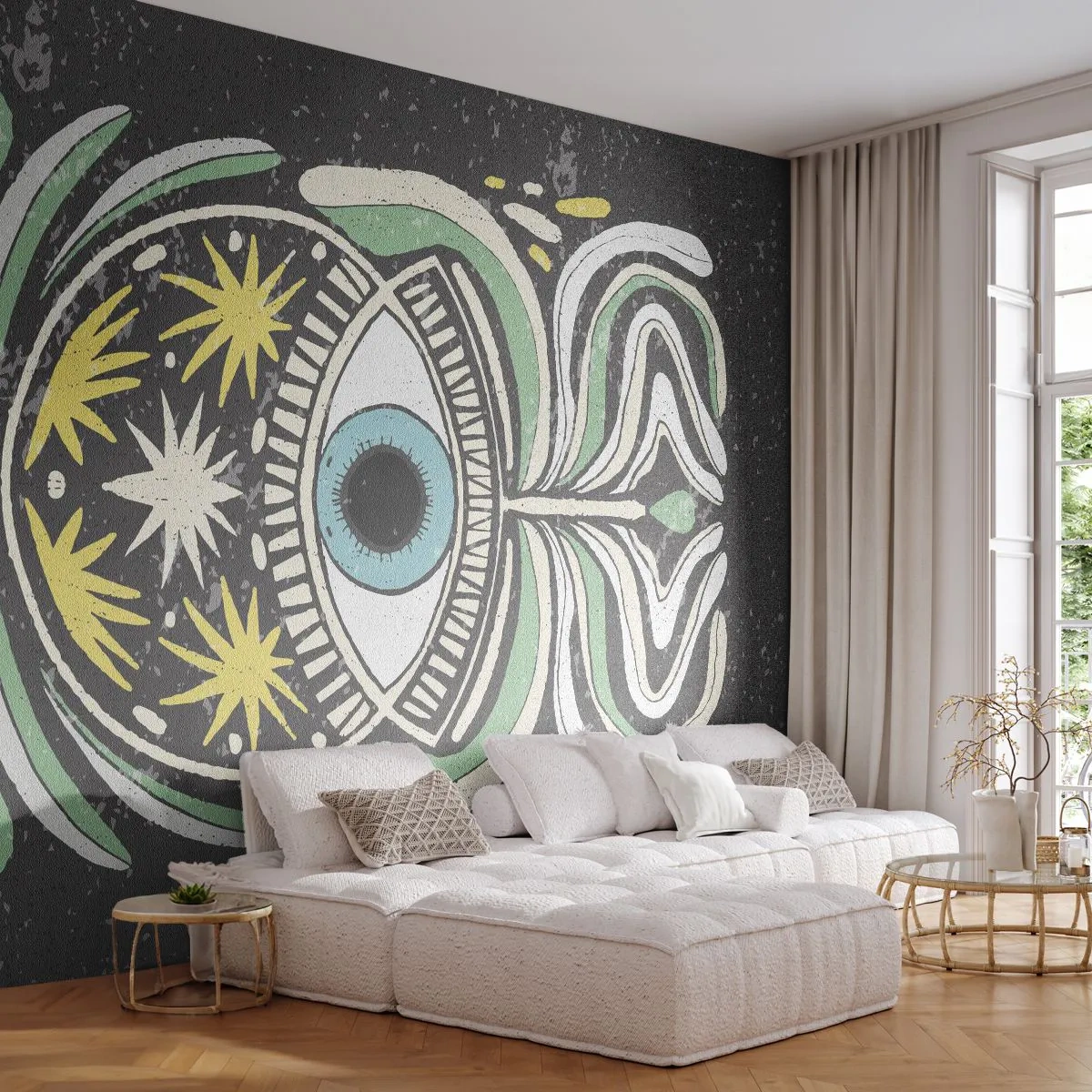 Fototapeta Premium Sand - Symboliczne oko w stylu plemiennym na ciemnym tle - 100x70cm - Plemienne rytuały - Nowoczesna dekoracja ścienna do salonu, kuchni i sypialni ARTTOR