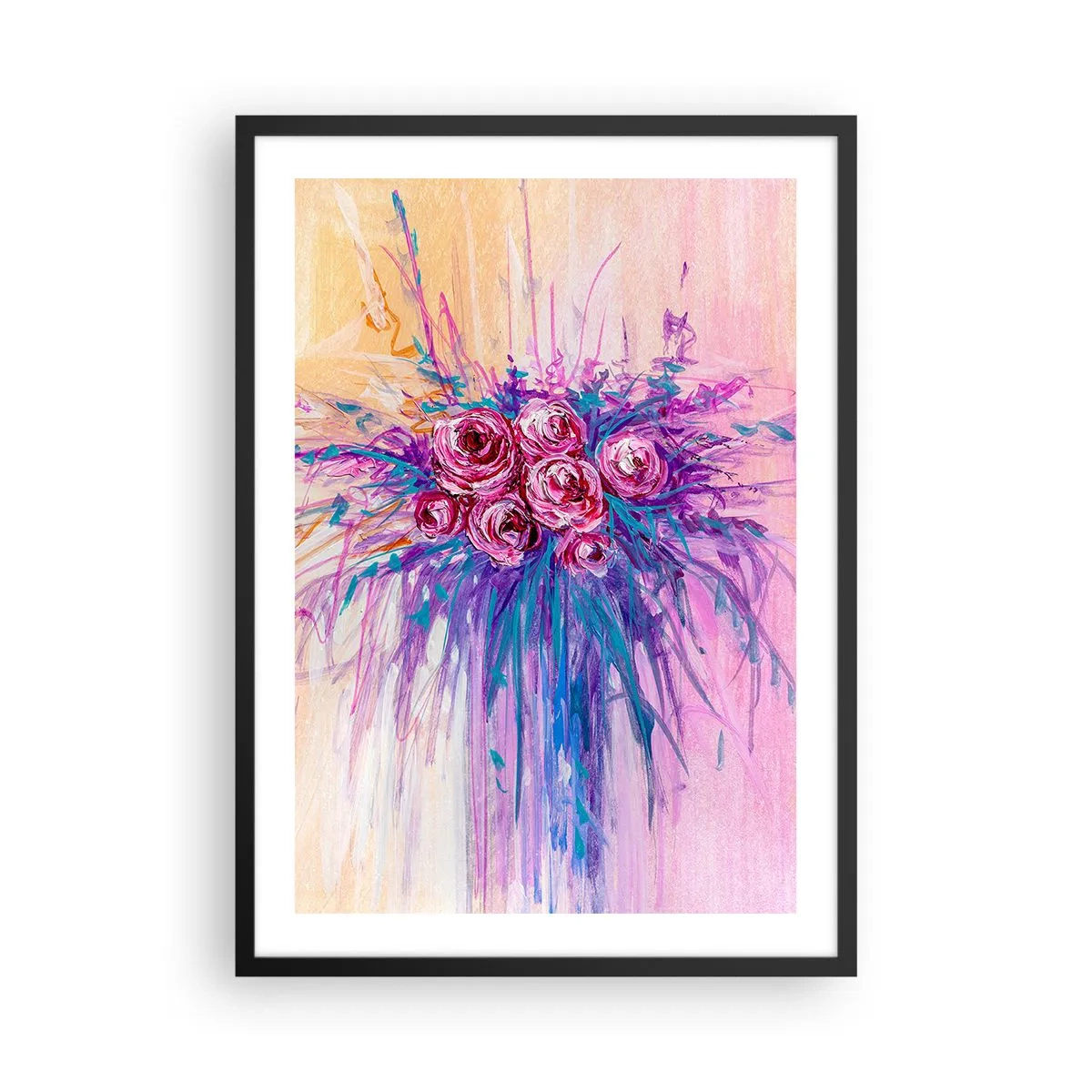 Plakat w czarnej ramie - Kolorowe róże na tle w odcieniach różu - 50x70cm - Różana fontanna - Nowoczesna dekoracja ścienna do salonu i sypialni ARTTOR