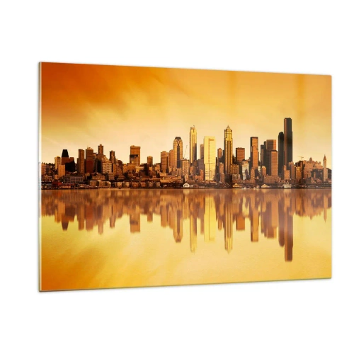 Obraz na szkle - Panorama miasta w złotym świetle zachodu - 120x80cm - Cisza metropolii - Nowoczesna dekoracja ścienna do salonu, kuchni i sypialni ARTTOR