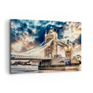 Obraz na płótnie - Tower Bridge o zmierzchu na tle dynamicznego nieba - 100x70cm - Pomnik wiktoriańskiego imperium - Nowoczesna dekoracja ścienna do salonu, kuchni i sypialni ARTTOR