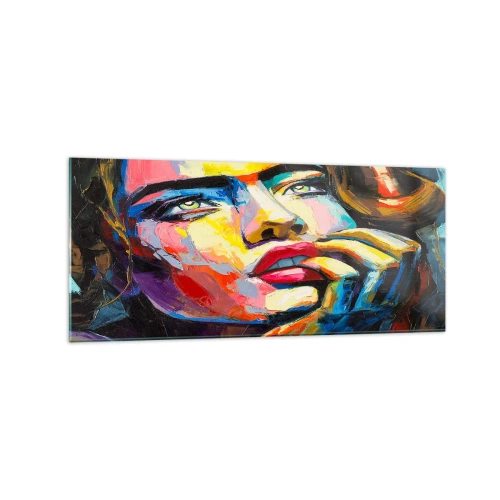 Obraz na szkle - Kolorowy portret kobiety w stylu ekspresjonistycznym - 120x50cm - Marzenia jak ptaki szybują po niebie - Nowoczesna dekoracja ścienna do salonu i sypialni ARTTOR