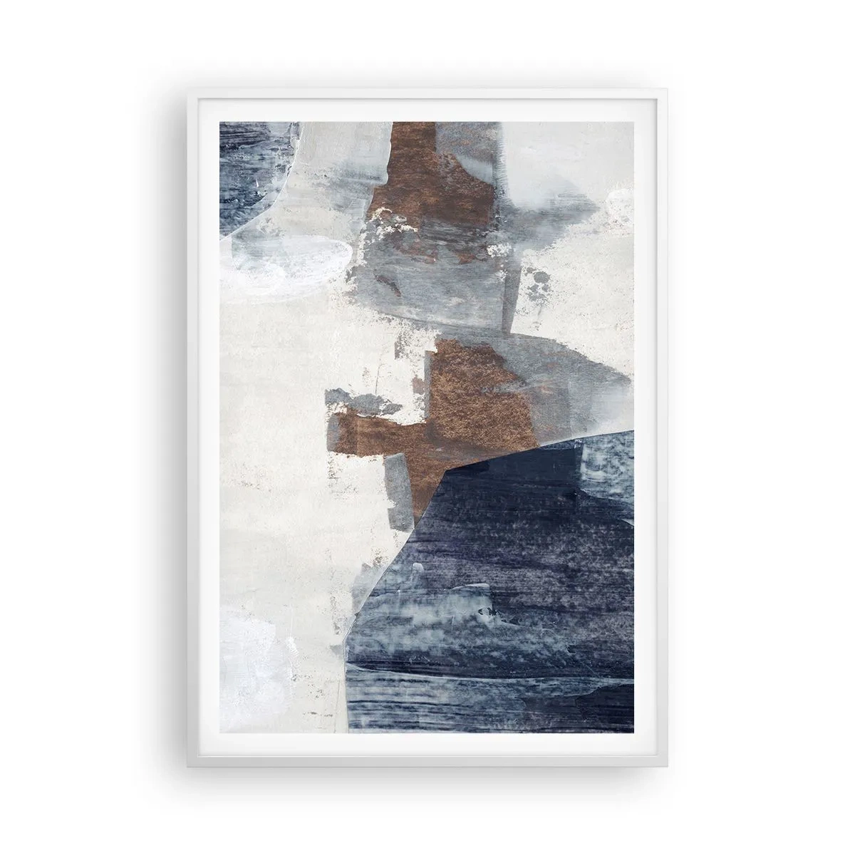 Plakat w białej ramie - Błękitno-brunatne kształty - 70x100 cm