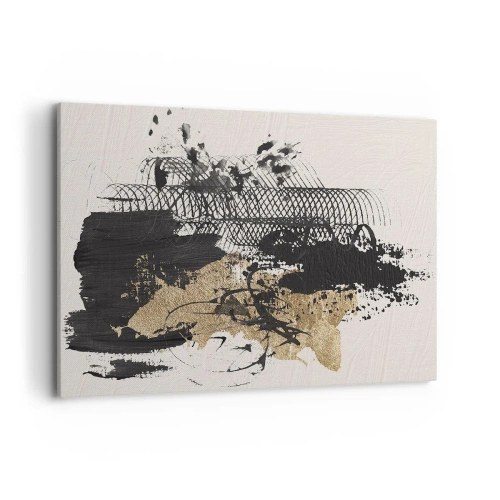 Obraz na płótnie - Abstrakcyjny obraz w czerni i złocie z dynamicznymi liniami i strukturami - 100x70cm - Kompozycja z pasją - Nowoczesna dekoracja ścienna do salonu, kuchni i sypialni ARTTOR