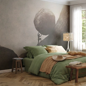 Fototapeta Premium Canvas - Człowiek wspinający się z ogromnym głazem pod górę - 100x70cm - Wierzę wbrew nadziei - Nowoczesna dekoracja ścienna do salonu i sypialni ARTTOR