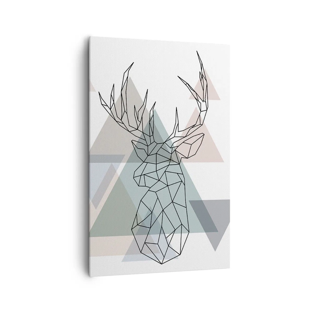 Obraz na płótnie - Geometryczny jeleń na tle pastelowych trójkątów - 80x120cm - W geometrycznym lesie - Nowoczesna dekoracja ścienna do salonu i sypialni ARTTOR