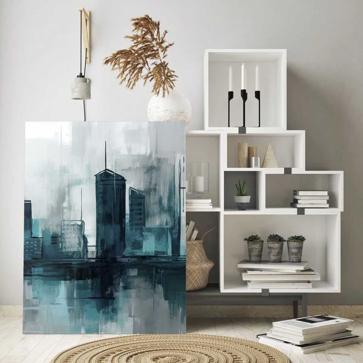 Obraz na szkle - Nowoczesne miasto w odcieniach niebieskiego i szarości - 50x70cm - Miasto w kolorze deszczu - Nowoczesna dekoracja ścienna do salonu, kuchni i sypialni ARTTOR