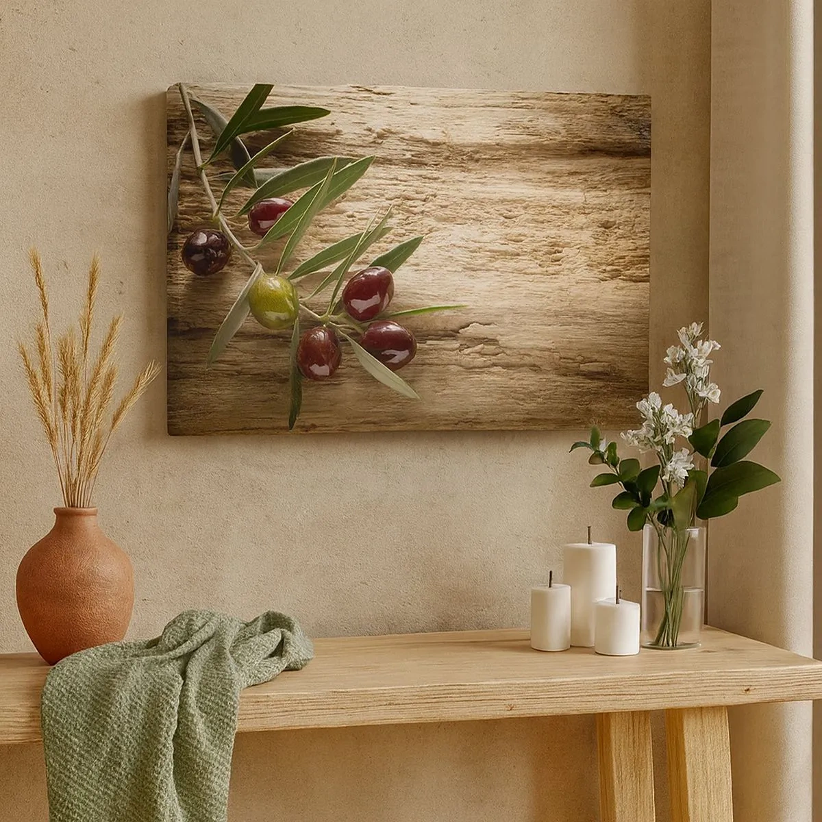 Obraz na płótnie - Gałązka oliwna z owocami na tle postarzanego drewna - 70x50cm - Prosto od natury - Nowoczesna dekoracja ścienna do salonu i sypialni ARTTOR