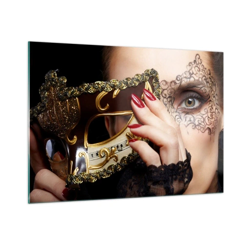 Obraz na szkle - Złota maska wenecka na twarzy kobiety - 100x70cm - Mój świat jest barokowy - Nowoczesna dekoracja ścienna do salonu, kuchni i sypialni ARTTOR