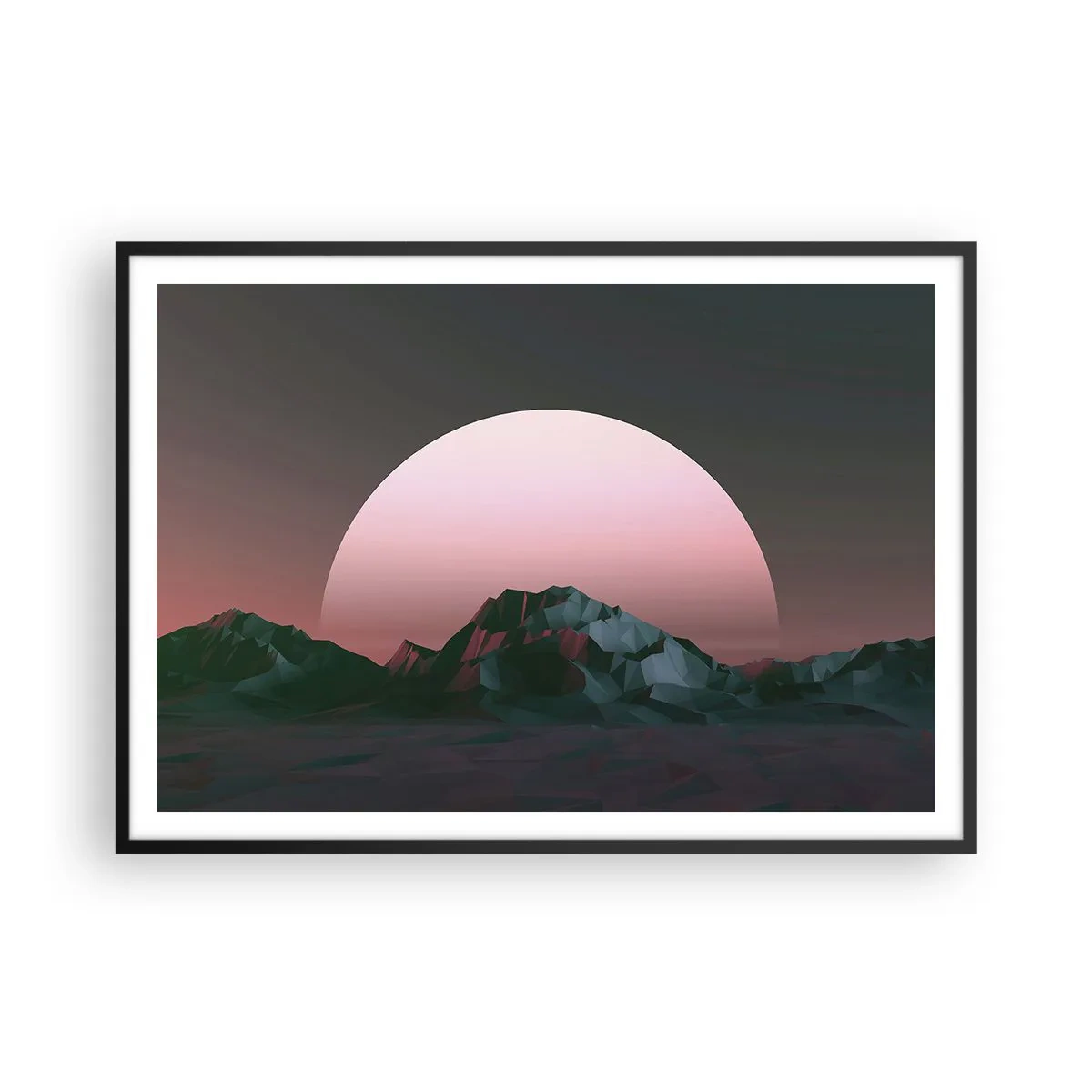 Plakat w czarnej ramie - Geometryczne góry z zachodzącym słońcem w tle - 100x70cm - W sąsiedniej galaktyce - Nowoczesna dekoracja ścienna do salonu i sypialni ARTTOR