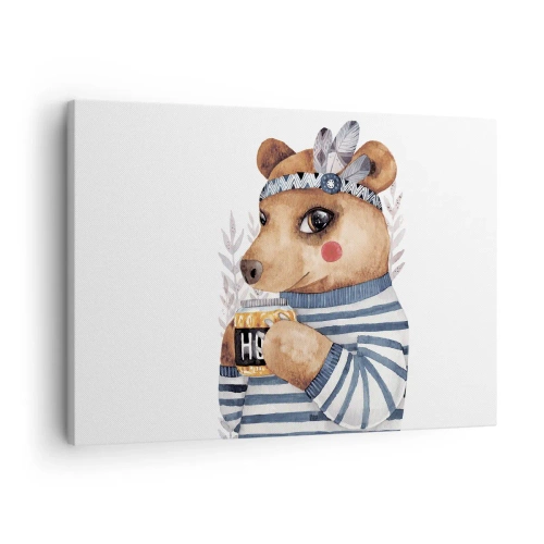 Obraz na płótnie - Miś w pasiastym sweterku z kubkiem miodu - 70x50cm - Słodka Misia - Nowoczesna dekoracja ścienna do salonu i sypialni ARTTOR