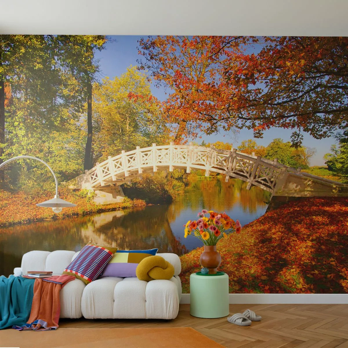 Fototapeta Premium Sand - Drewniany mostek nad rzeką w jesiennej scenerii - 100x70cm - Na białym mostku westchnień - Nowoczesna dekoracja ścienna do salonu, kuchni i sypialni ARTTOR