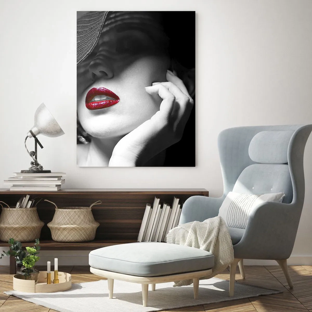 Obraz na szkle - Czarno-biała kompozycja z akcentem czerwonych ust - 50x70cm - Studium w szkarłacie - Nowoczesna dekoracja ścienna do salonu, kuchni i sypialni ARTTOR