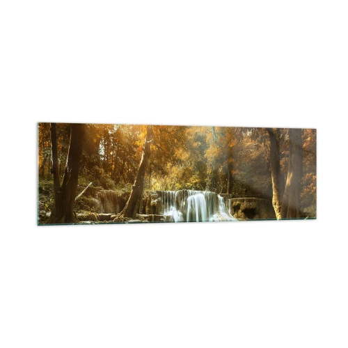 Obraz na szkle - Jesienny krajobraz z wodospadem - 160x50cm - Parkowa kaskada - Nowoczesna dekoracja ścienna do salonu i sypialni ARTTOR