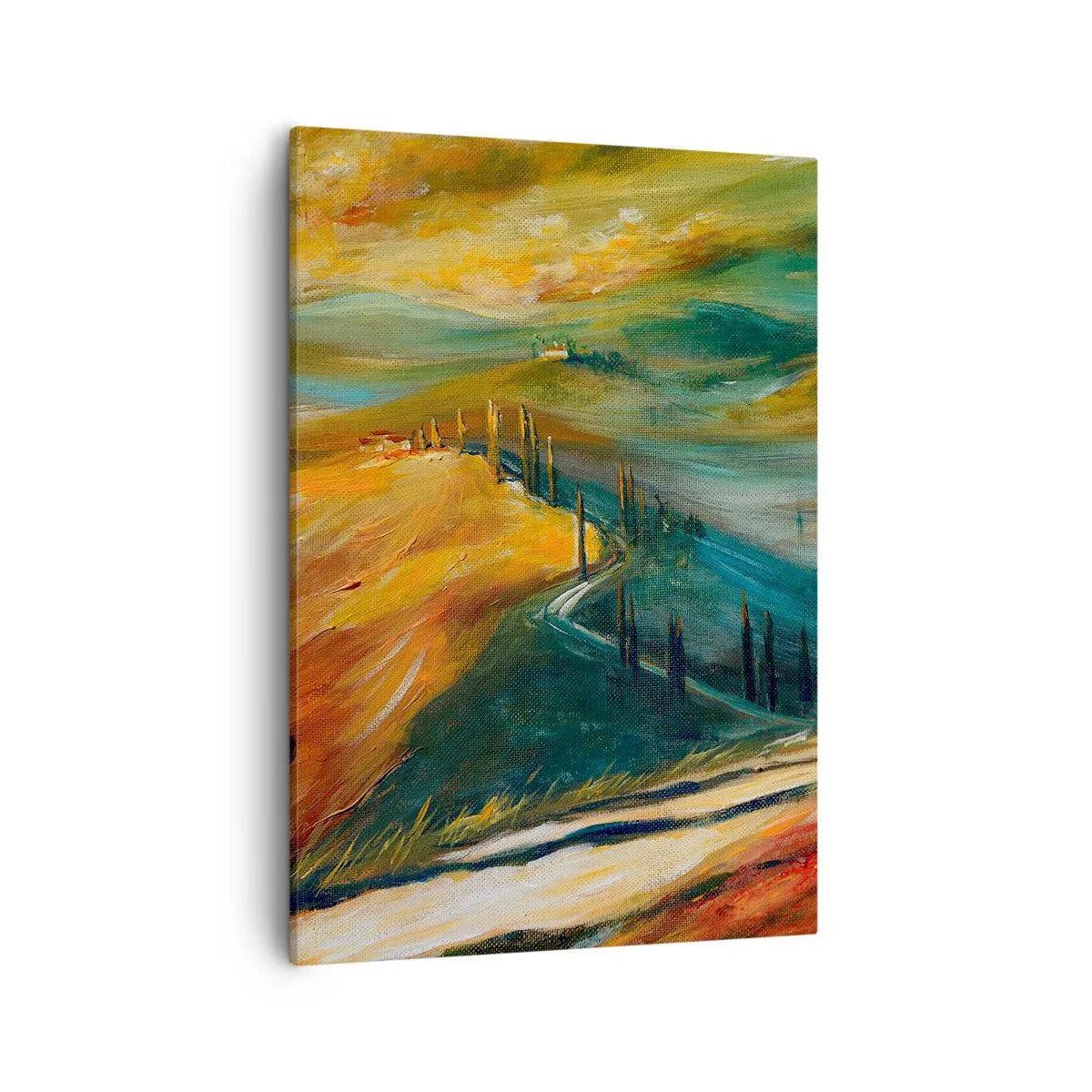 Obraz na płótnie - Malowniczy pejzaż toskańskich wzgórz w ciepłych barwach zachodu słońca - 50x70cm - Toskański pejzaż - Nowoczesna dekoracja ścienna do salonu, kuchni i sypialni ARTTOR