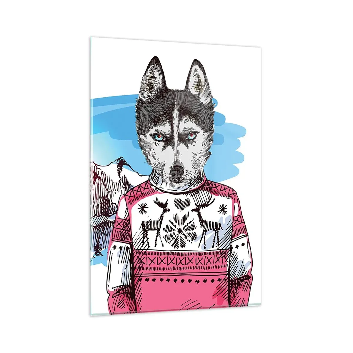 Obraz na szkle - Wilk w zimowym swetrze na tle górskiego krajobrazu - 80x120cm - Wilk w owczej wełnie - Nowoczesna dekoracja ścienna do salonu i sypialni ARTTOR