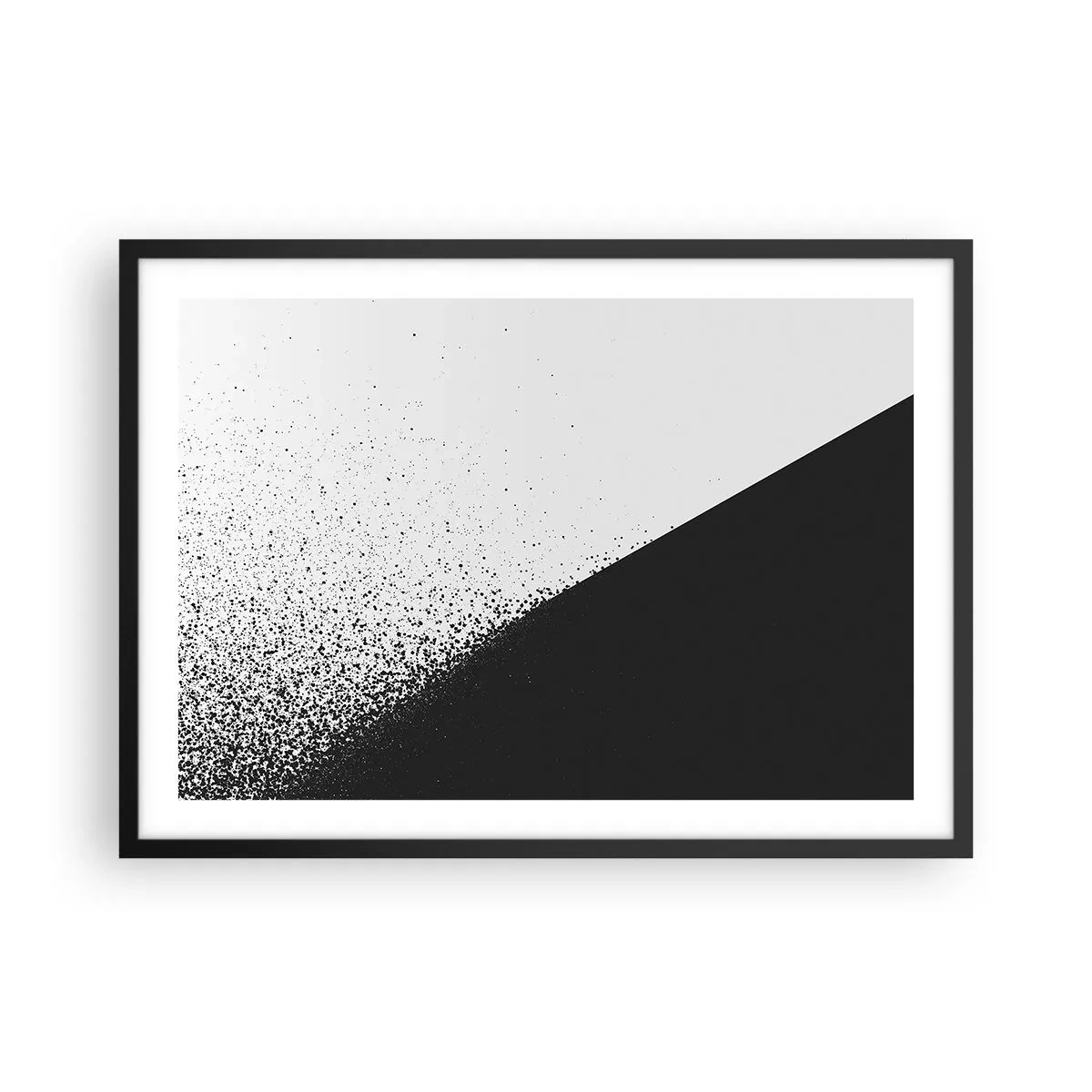 Plakat w czarnej ramie - Minimalistyczna abstrakcja w czerni i bieli z rozproszonymi kropkami - 70x50cm - Coraz szybciej, coraz więcej - Nowoczesna dekoracja ścienna do salonu i sypialni ARTTOR