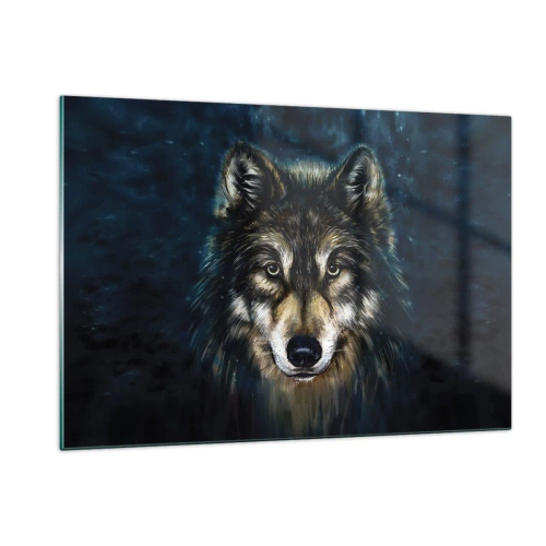 Obraz na szkle - Wilk na tle ciemnego, leśnego tła w realistycznym stylu - 120x80cm - Alfa? I omega - Nowoczesna dekoracja ścienna do salonu, kuchni i sypialni ARTTOR