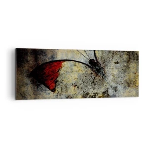 Obraz na płótnie - Motyl w odcieniach czerwieni i szarości na teksturowanym tle - 140x50cm - Patrz, zanim zniknę - Nowoczesna dekoracja ścienna do salonu i sypialni ARTTOR
