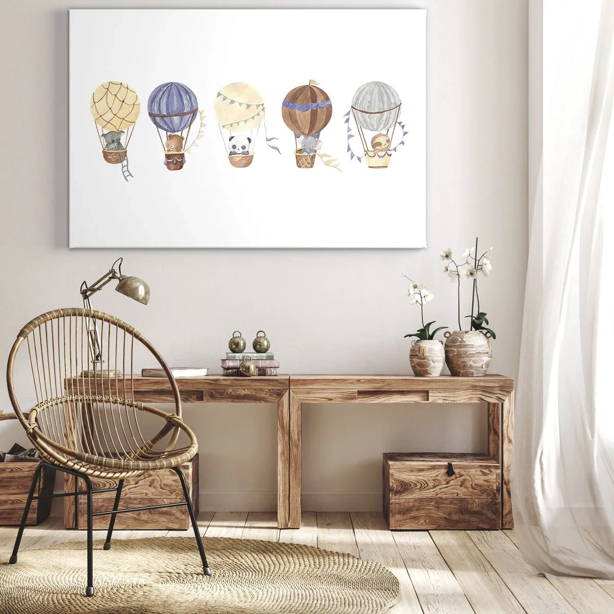 Obraz na płótnie - Urocze zwierzęta w balonach na białym tle - 70x50cm - Przyjaciele w podróży - Nowoczesna dekoracja ścienna do salonu i sypialni ARTTOR
