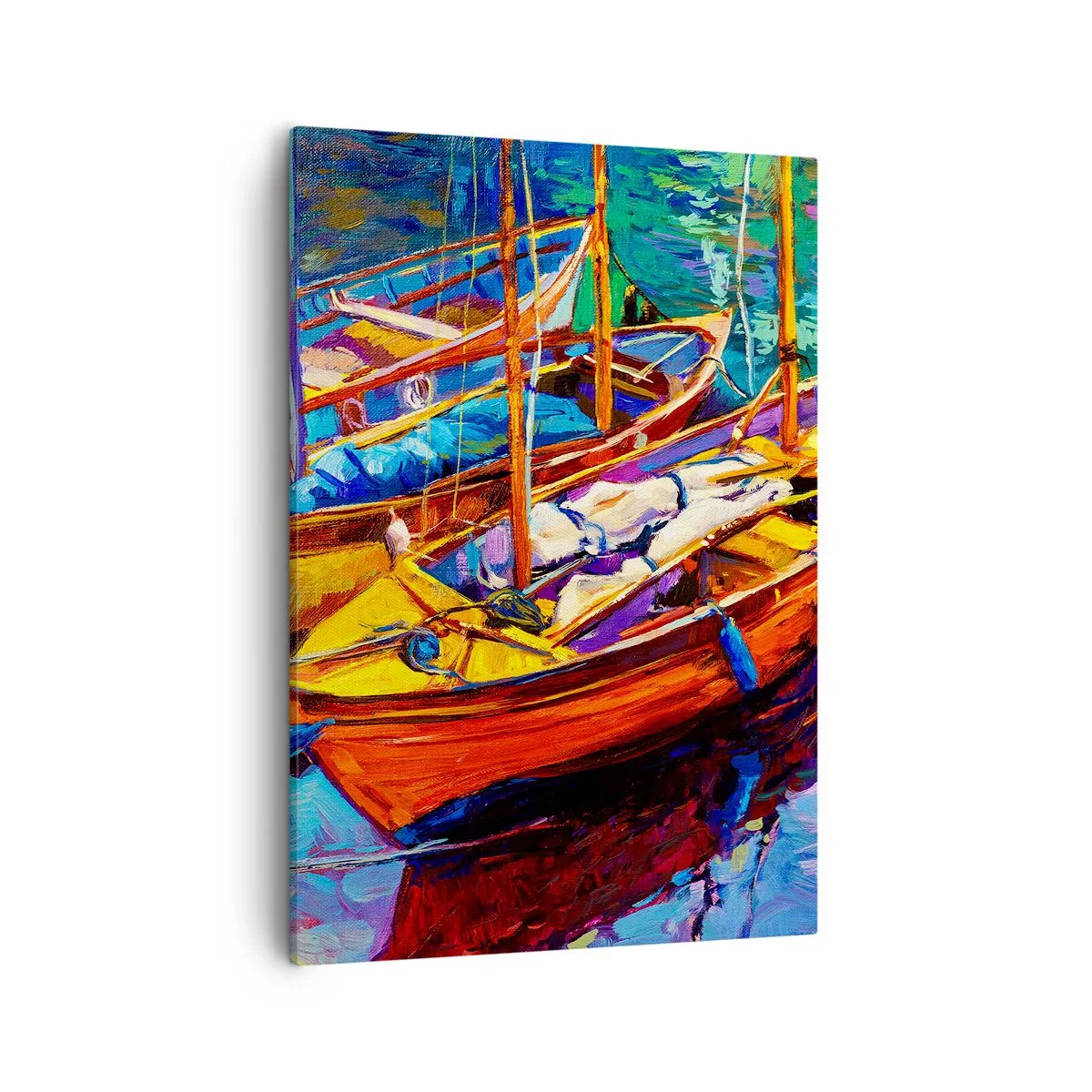 Obraz na płótnie - Malarska scena z kolorowymi żaglówkami na wodzie - 50x70cm - Na wodzie gęstej od barw - Nowoczesna dekoracja ścienna do salonu, kuchni i sypialni ARTTOR