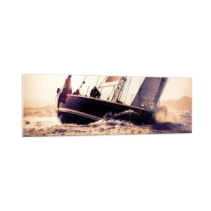 Obraz na szkle - Jacht na wzburzonym morzu w świetle zachodzącego słońca - 160x50cm - Żeglujże, żeglarzu - Nowoczesna dekoracja ścienna do salonu i sypialni ARTTOR
