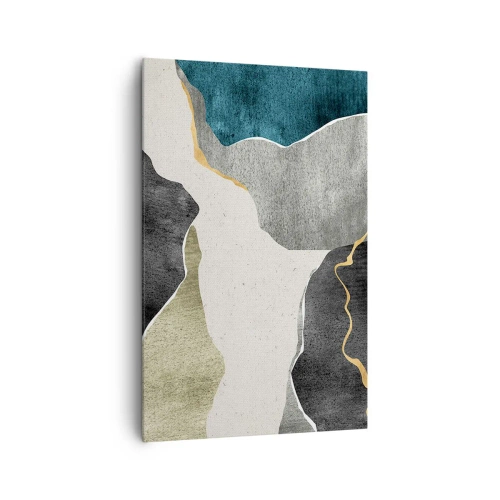 Obraz na płótnie - Geometryczne formy w odcieniach szarości, zieleni i złota - 80x120cm - Mozaikowa kompozycja z nitką złota - Nowoczesna dekoracja ścienna do salonu i sypialni ARTTOR