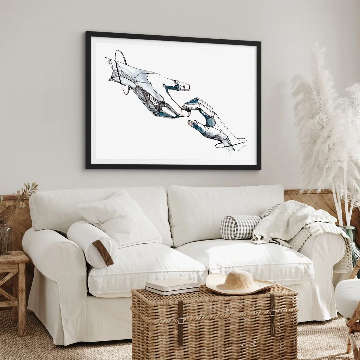 Plakat w czarnej ramie - Artystyczne przedstawienie dłoni w minimalistycznej i geometrycznej formie - 100x70cm - Dobry gest - Nowoczesna dekoracja ścienna do salonu i sypialni ARTTOR