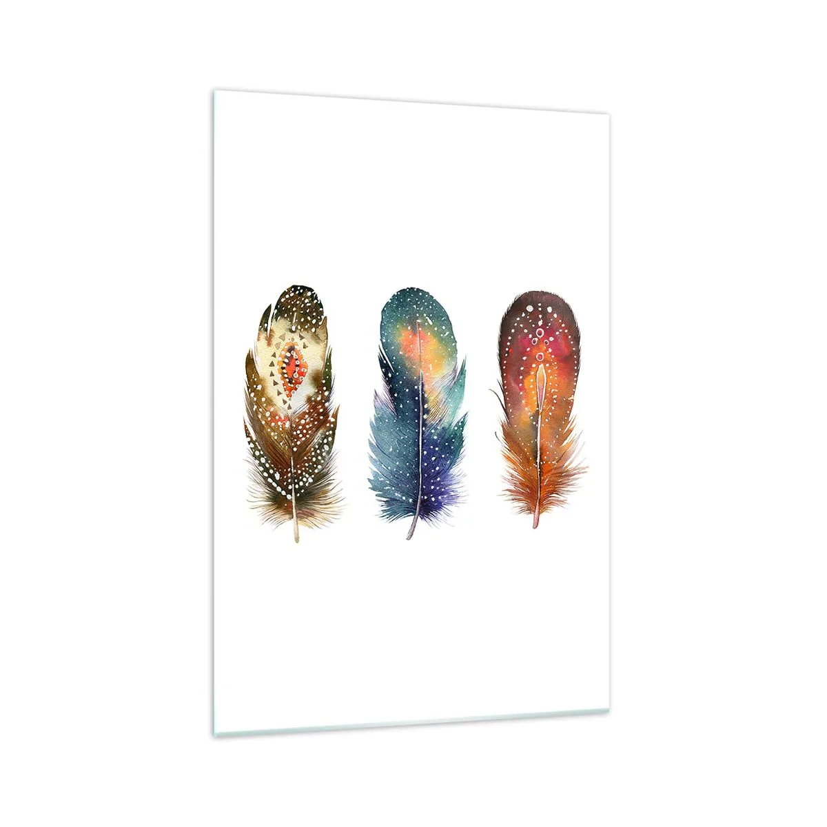 Obraz na szkle - Trzy kolorowe pióra z artystycznymi wzorami na jasnym tle - 70x100cm - Rytuały, obrzędy, tajemnice - Nowoczesna dekoracja ścienna do salonu i sypialni ARTTOR