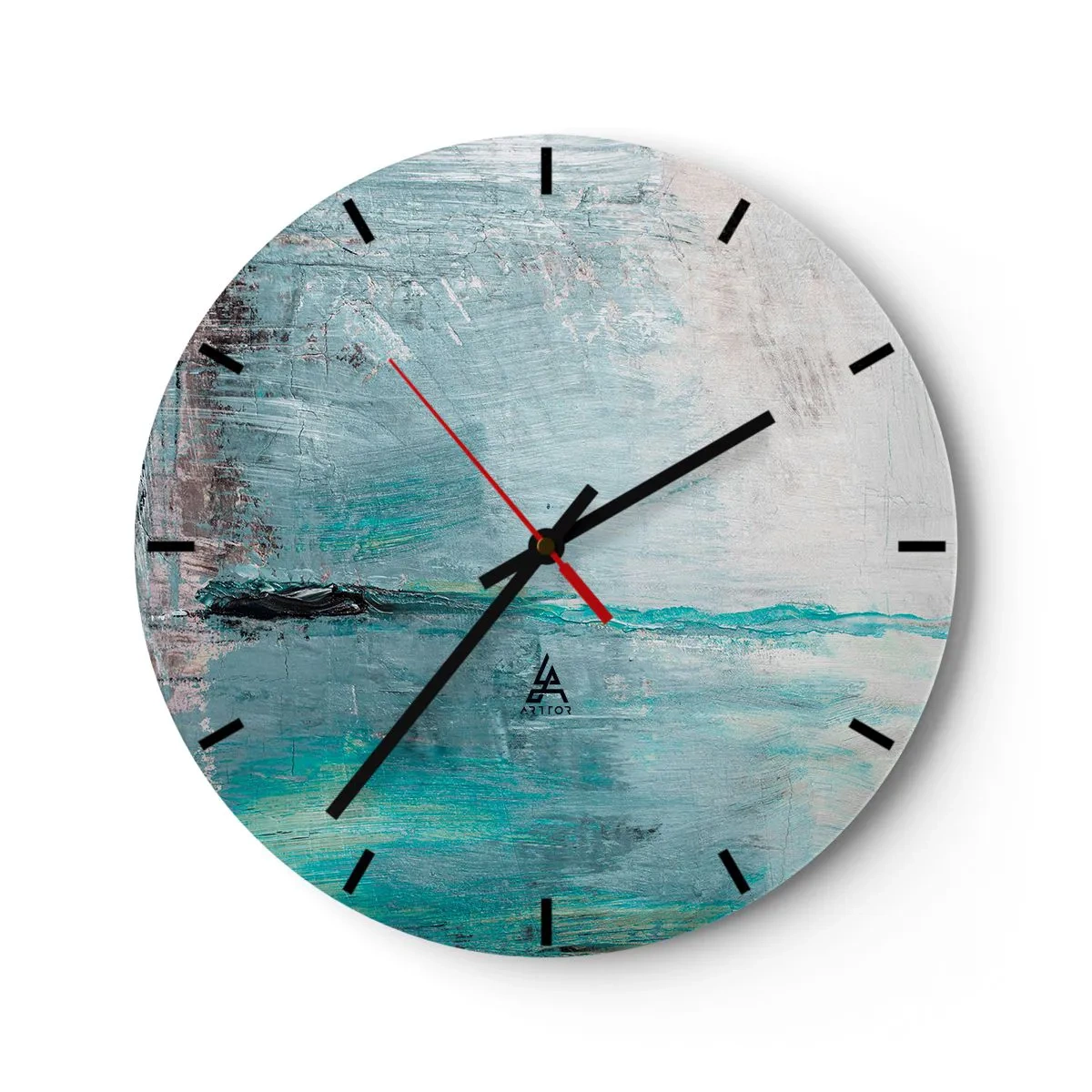 Zegar ścienny - Tarcza zegara z abstrakcyjnym motywem w odcieniach błękitu i szarości - 30x30cm - Horyzontalnie w błękicie - Nowoczesna dekoracja ścienna do salonu, kuchni i sypialni ARTTOR