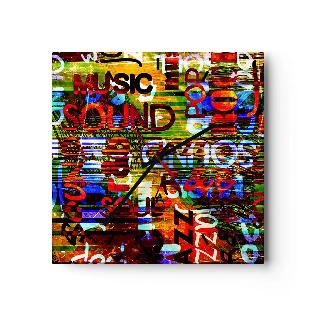 Zegar ścienny - Kolorowa abstrakcja z napisami muzycznymi w stylu pop-art - 30x30cm - Wszystkie barwy dźwięku - Nowoczesna dekoracja ścienna do salonu i sypialni ARTTOR