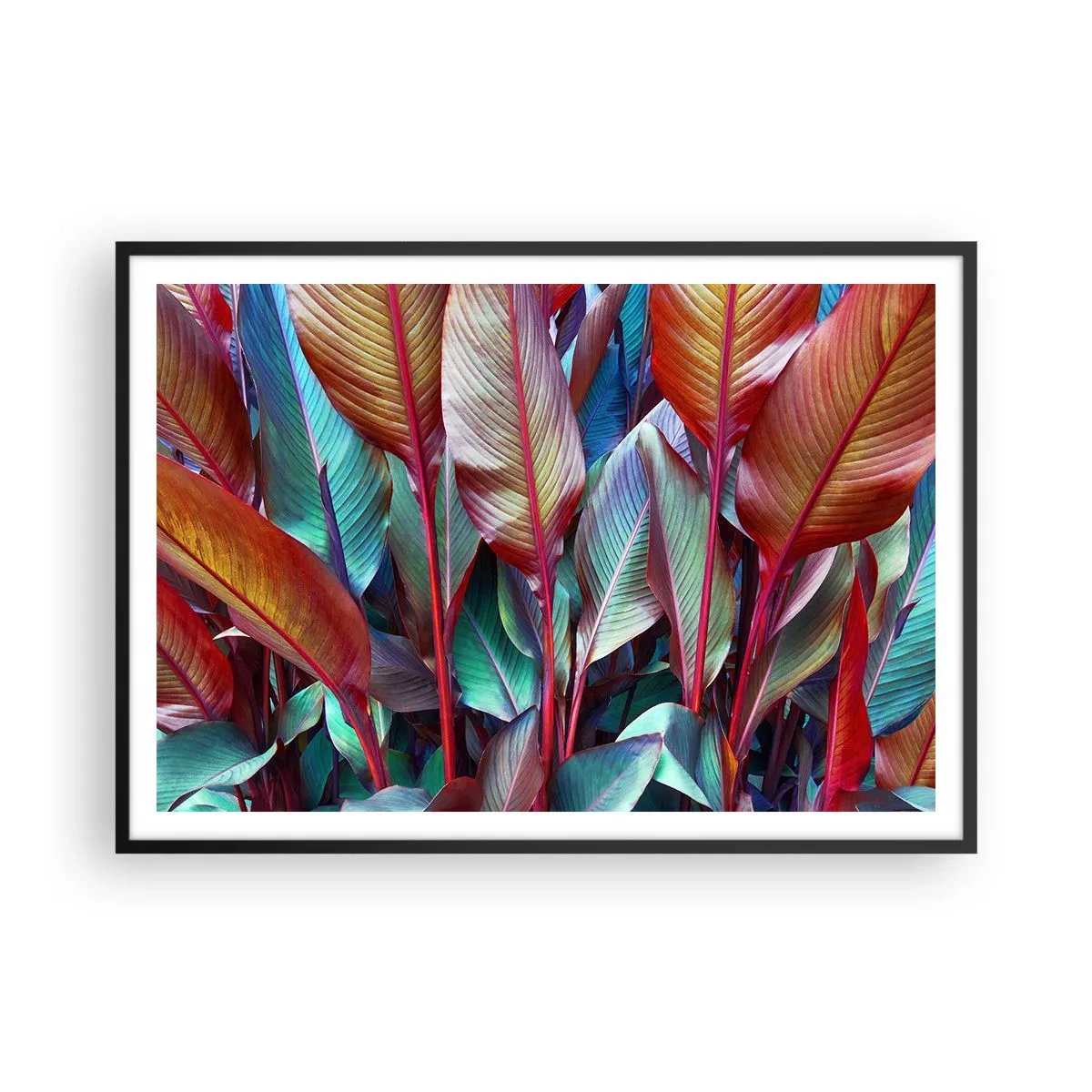 Plakat w czarnej ramie - Kolorowe liście tropikalnych roślin w gąszczu - 100x70cm - Kolorowy gąszcz - Nowoczesna dekoracja ścienna do salonu i sypialni ARTTOR