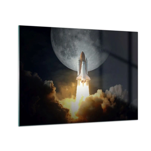 Obraz na szkle - Start rakiety kosmicznej na tle księżyca i nocnego nieba - 70x50cm - Początek nieziemskiej przygody - Nowoczesna dekoracja ścienna do salonu i sypialni ARTTOR