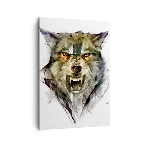 Obraz na płótnie - Grafika groźnego wilka z przenikliwym spojrzeniem - 50x70cm - Ani kroku! - Nowoczesna dekoracja ścienna do salonu, kuchni i sypialni ARTTOR