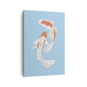 Obraz na płótnie - Minimalistyczna ilustracja dwóch ryb koi na błękitnym tle - 70x100cm - Pływanie synchroniczne spontaniczne - Nowoczesna dekoracja ścienna do salonu i sypialni ARTTOR